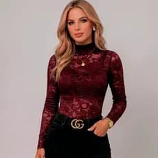Blusa Body Renda Floral Virgínia e Body Tule Preta Fios de Lurex Brilho Transparente Luxo Sensual