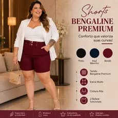 Shorts Bermuda Feminina Plus Size Cintura Alta com Lycra Tecido Bengaline Com Bolso e Cinto