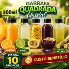 Garrafa PET Quadrada Crital 300ml - Kit com 10un - Ideal para Sucos da fruta, Açaí, Caldo de Cana