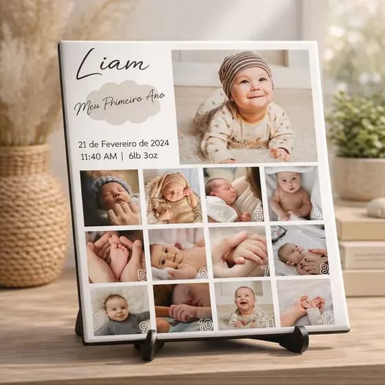 Quadro Azulejo Decorativo Personalizado Mural Painel de Fotos Bebê Recém Nascido 1 ano kid Criança