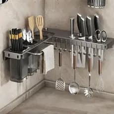 Organizador de Cozinha de Canto com Ganchos e Porta Facas Suporte de parede