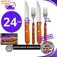 Jogo 24 OU 12 Peças Talheres Para Churrasco Jumbo Wooden Faca Outback Garfo cabo De Madeira  Aço Inox