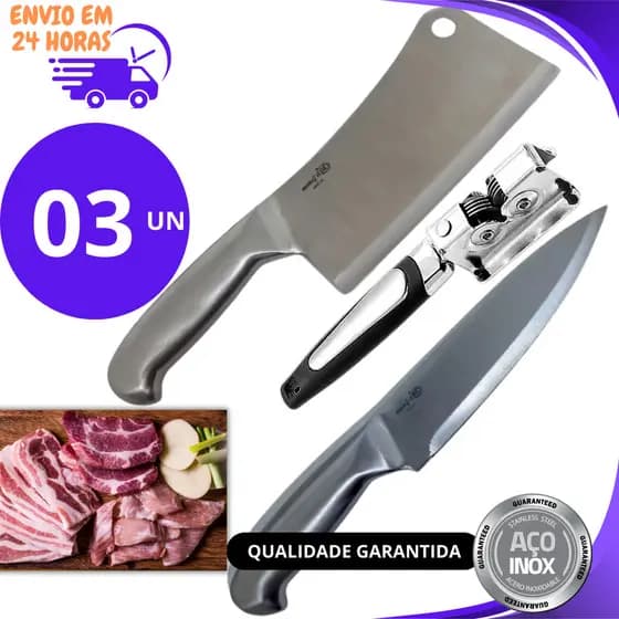 Kit 3 ou 02un Faca, Amolador e Cutelo Inteiriço Profissional Aço Inox para Churrasco Açougue Cozinha