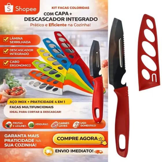 Faca Descascador 4 em 1 Inox 22cm Kit 1, 3ou 5un + Abridor 🍎🔥