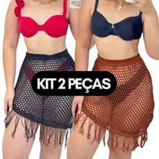 KIT 2 Saias Feminina Saída De Praia Franja LAÍS Roupa Feminina Assimétrica Tricot Furadinha Verão