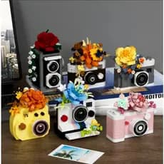 Mini Blocos de Montar Câmera Retrô com Flores - Conjunto De Brinquedos De Montagem