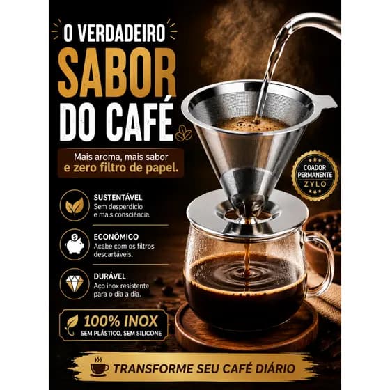 Coador de Café Inox Permanente 103 Reutilizável Filtro Aço Inoxidável Sem Papel Zylo