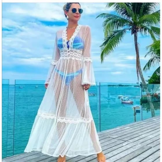 Saida de Praia Longa Renda Roupa de Praia Importado moda  p/m   g/gg