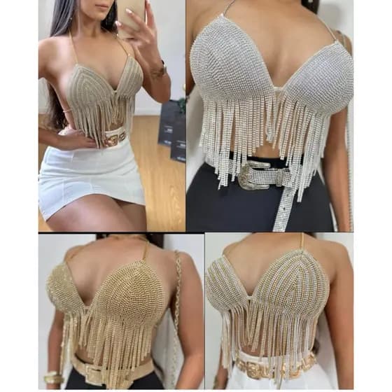 Cropped Strass Pedras brilhosas M e G coleção festas ano novo Natal fim de ano moda gringa moda balada moda verão