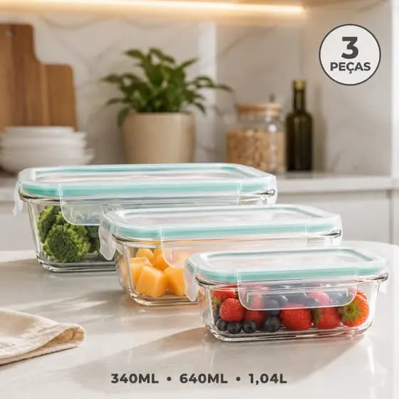 Kit Potes Herméticos Vidro Borossilicato Conservação Alimentos Cozinha Organizada Premium