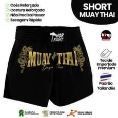 Short Muay Thai Dragon Thai Dourado Unissex Premium Padrão Tailandês Alta Qualidade Treino Luta