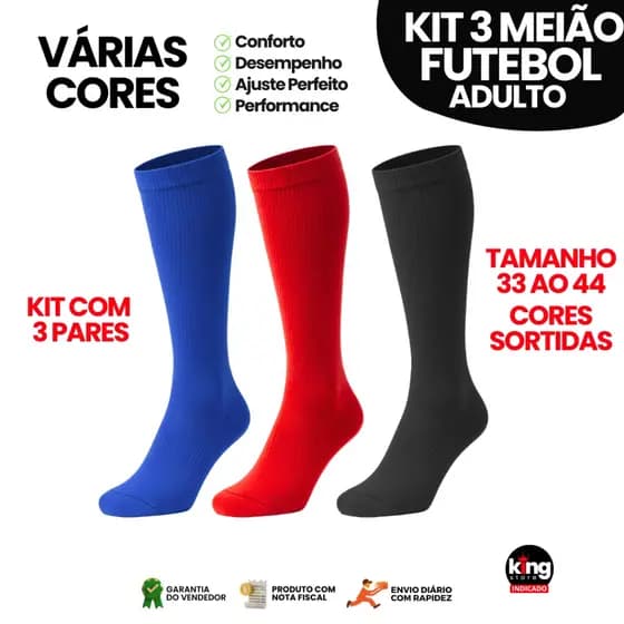 Kit 3 Pares de Meião Cores Sortidos de Futebol Profissional Adulto Tamanho 33 ao 44 Qualidade Premium Várias Cores