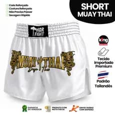Short Muay Thai Dragon Thai Branco com Dourado Unissex Premium Padrão Tailandês Alta Qualidade Treino Luta