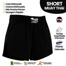 Short Muay Thai Preto Liso Unissex Premium Padrão Tailandês Alta Qualidade Treino Luta