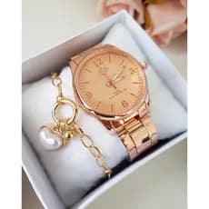 Relógio Feminino Dourado Prata Prova d Agua + Pulseira
