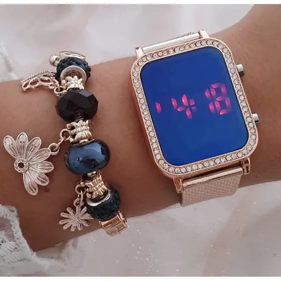 Relógio Rose Dourado Feminino Digital Led Pulseira