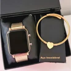 Relógio Digital Led Feminino Dourado com Pulseira Bracelete Aço Inoxidável