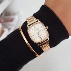 Relógio Moda Feminina Doluck Quadrado Mini Metal Dourado Prata