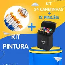 Kit Desenho Completo Iniciante com Canetinhas e Pincéis 24 Canetas Coloridas + 12 Pincéis Artesanato Crianças Pintores