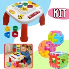 Mesa e 3 Brinquedos Educativo Cubo Brinquedo Didatico Atividades Interativa Divertida Educacional Bebê Montar