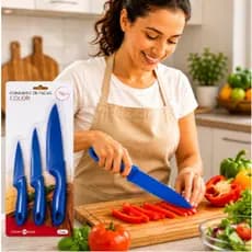 Conjunto de 3 facas coloridas para carnes legumes e frutas