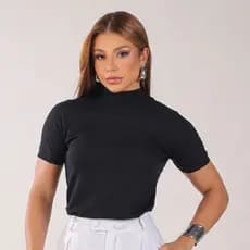 Camiseta Feminina Preta Básica Lisa Gola Alta 100% Algodão
