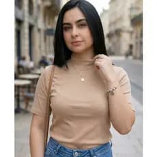 Blusas Gola Alta T-shirt Feminina Bege Camiseta Básica Lisa 100% Algodão