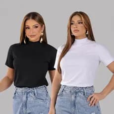 Kit 2 Blusas Gola Alta T-shirt Feminina Camiseta Básica Lisa 100% Algodão