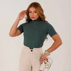 Blusa Gola Alta Feminina T-shirt Camiseta Básica Lisa 100% Algodão Elegante