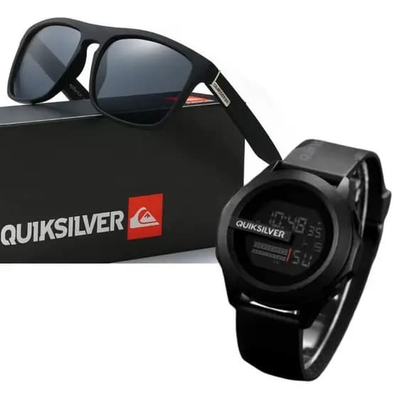 Combo Óculos de Sol Quiksilver preto + Flanela e Bag  + Relógio Digital Quiksilver Sem Caixa Preto