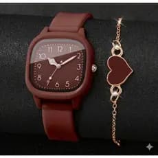 Kit Relógio Feminino Quadrado Minimalista Retro + Pulseira Coração Marsala Luxo