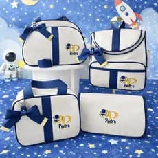 Kit Bolsas Maternidade Luxo 4 Peças no linho, Completo Personalizado térmico, Astronauta