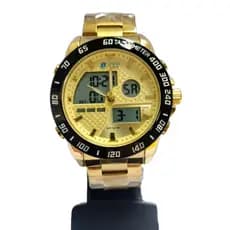 Relógio Masculino Dourado/Prata linha Gold a prova d 'água com visor duplo pulseira em aço inoxidável