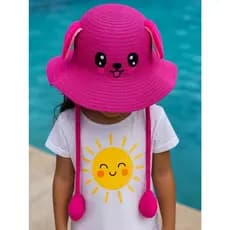 Chapéu de palha pintado Infantil Moda Praia Passeio Escola Verão Com Rostinho FOFO Aperta e levanta as Orelhinhas
