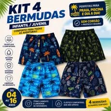 Kit 04 Bermuda Masculina de Elástico Estampado Menino Infantil e Juvenil Praia
