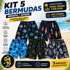 Kit Com 05 Bermuda de Elástico Infantil e Juvenil Masculina Estampado Menino Praia