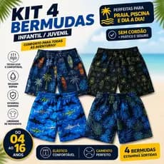 Kit 04 Bermuda de Elástico Menino Infantil e Juvenil Masculina Estampado Praia