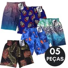 Kit 05 Bermuda de Elástico Menino Infantil e Juvenil Masculina Estampado Praia
