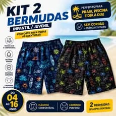 Kit Com 02 Bermuda de Elástico Infantil e Juvenil Masculina Estampado Menino Praia