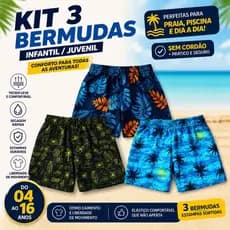 Kit Com 03 Bermuda de Elástico Infantil e Juvenil Masculina Estampado Menino Praia