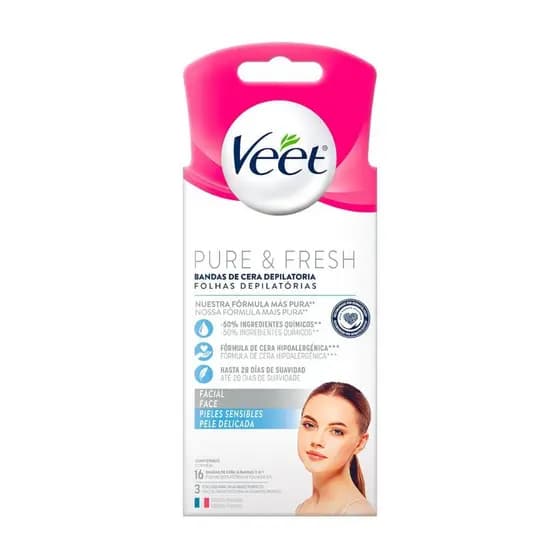 Cera Fria Depilatória Facial Veet Pure & Fresh Buço Queixo Bochecha 16 Folhas Pele Sensível