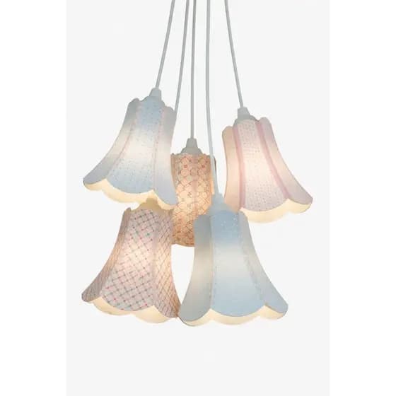 Lustre Pendente Modelo Paris Crie Casa 5 Cúpulas Estampadas Tons de Azul e Rosa Claro Bivolt