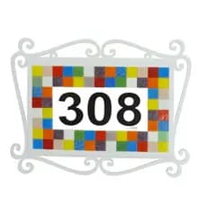 Placa com Número Residencial ou Comercial Com Moldura Arabescos Brancos E Pastilhas Coloridas - nos informe seu número ao efetuar o pedido.