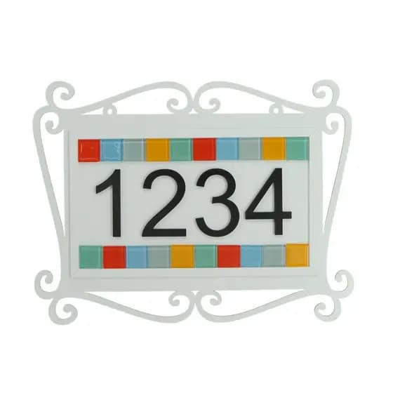 Placa para Número de Casa Com Arabescos Brancos E Mosaico de Pastilhas Coloridas
