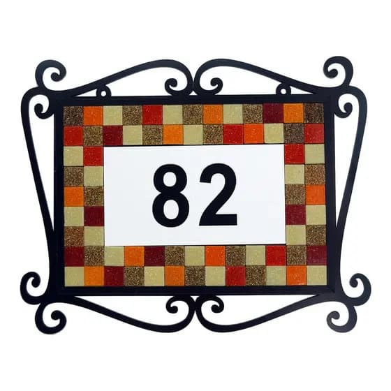 Placa com Número Residencial Moldura Arabescos e Pastilhas De Vidro Cores Quentes - Nos informe seu número quando efetuar o pedido.