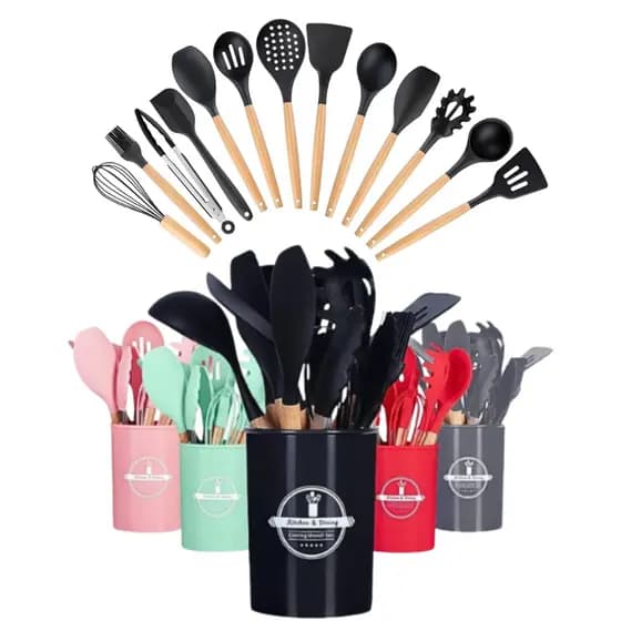 Kit 12 Utensílios Para Cozinha Colheres Silicone/madeira