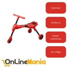 Triciclo Infantil Dobrável Clingo Vermelho/Preto Compacto - Patinete Infantil