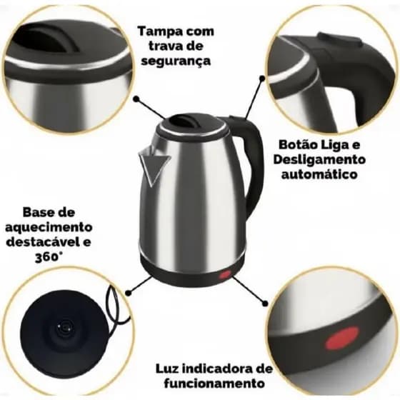 Chaleira Elétrica Inox 2L e 1,6L 110V e 227V Jarra Térmica Aquecimento Rápido Ideal Para Chá Café Uso Diário