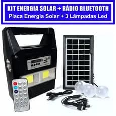 Kit Gerador Energia Solar Rádio Fm Usb Bluetooth Placa Solar 3 Lâmpadas Led Lanterna Pesca Camping