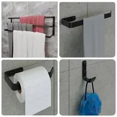 kit acessórios para banheiro 4 peças preto fosco toalheiro triplo, toalheiro rosto, porta papel e gancho multiuso